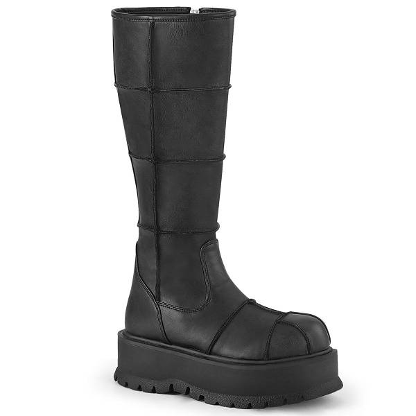 Demonia Women's Slacker-230 Knee High Platform Boots - Black Vegan Leather D2930-57US Clearance